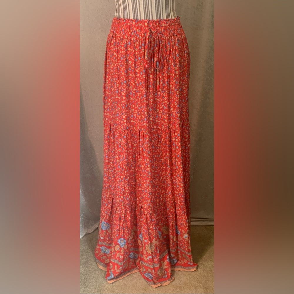 Unbranded Coral Orange Floral Pull On Maxi Skirt size L Flowy Bohocore